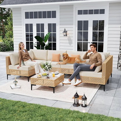 Large 7 Piece Wicker Outdoor Modular Sectional Set - Beige