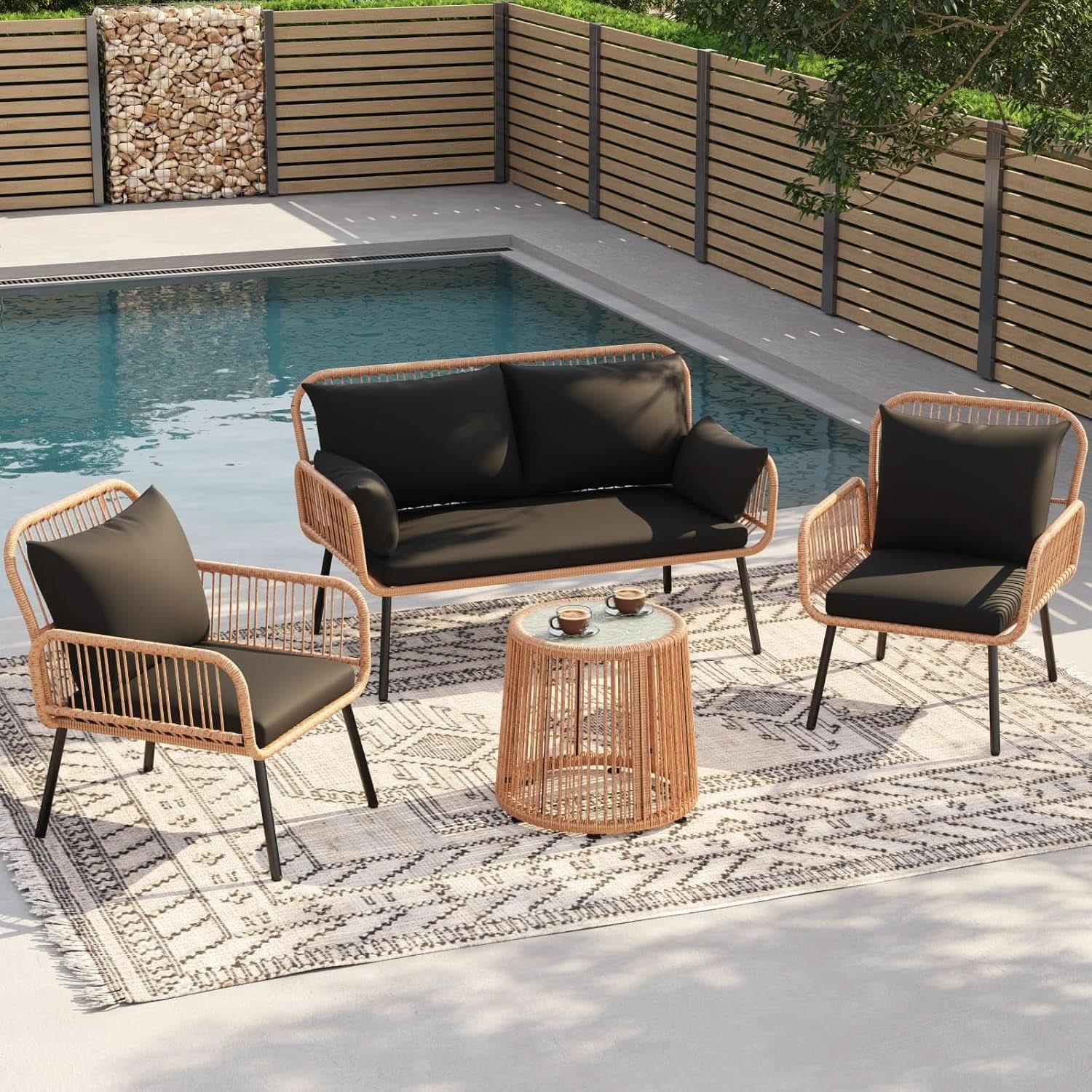 Stylish Four Piece Outdoor Wicker Patio Furniture Set in Black