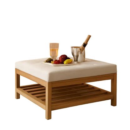 Oversized Ivory Upholstered Ottoman With Wooden Shelf