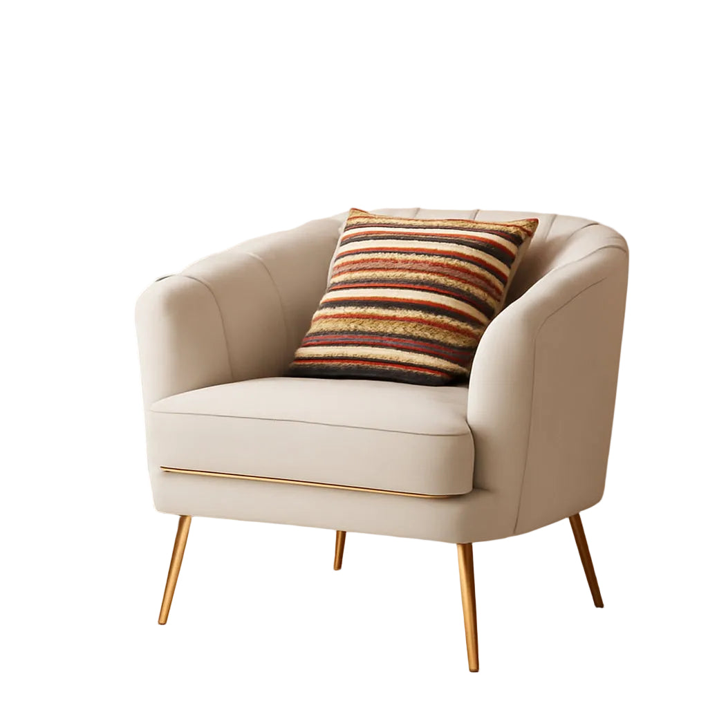 Beige Velvet Arm Chair With Gold Metal Accent