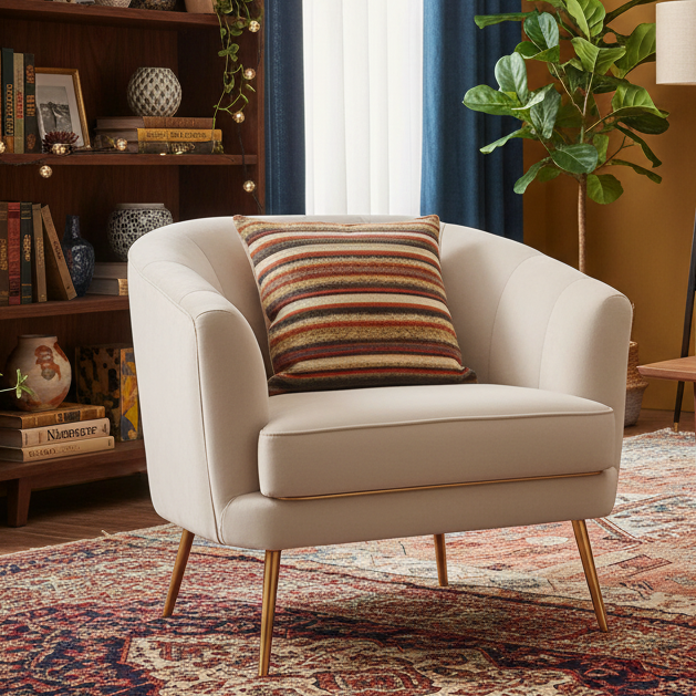 Beige Velvet Arm Chair With Gold Metal Accent