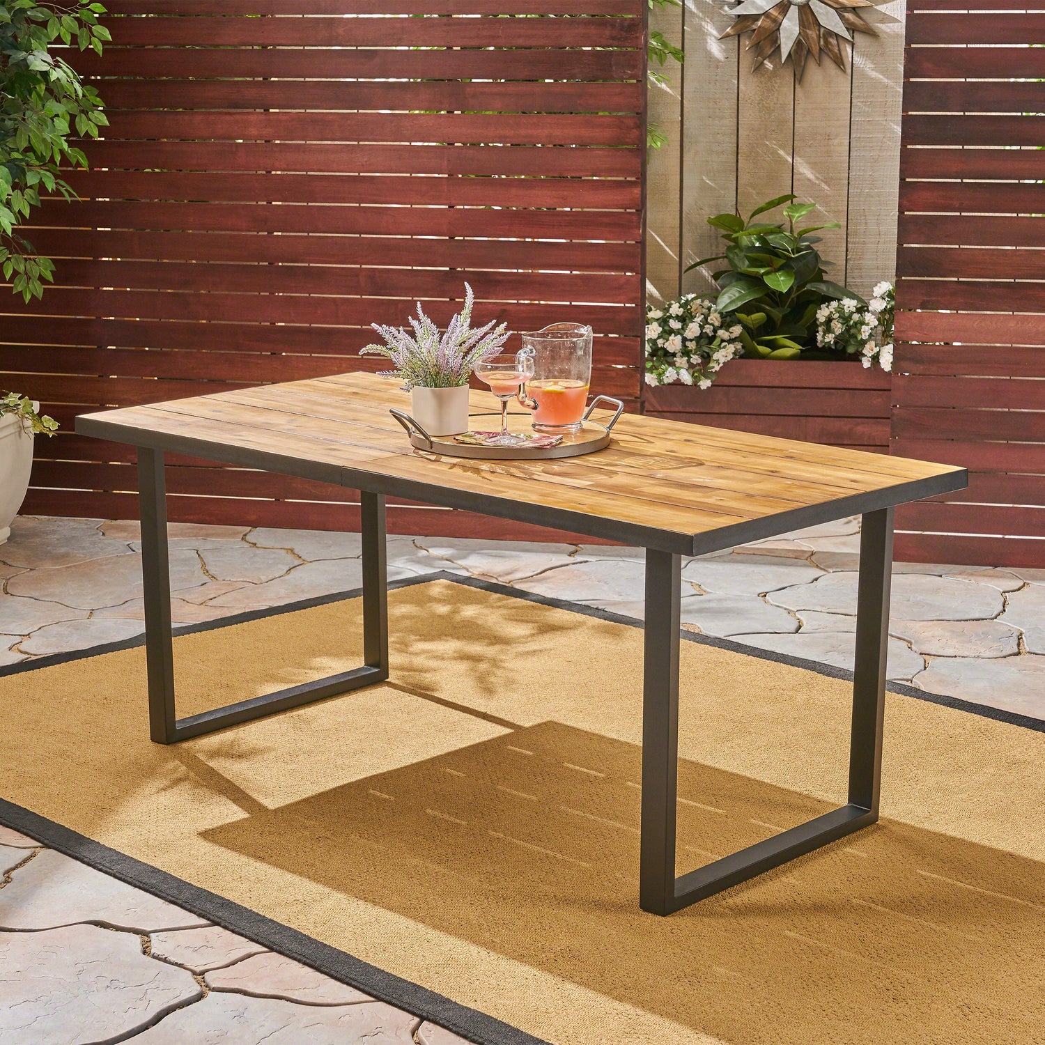 Outdoor Dining Table with Iron Legs and Teak Table Top