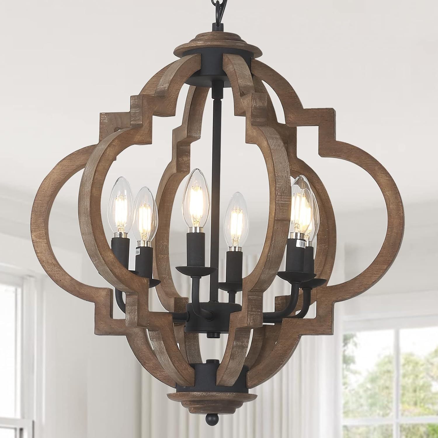 Modern Farmhouse Wood Finish 6 Light Pendant