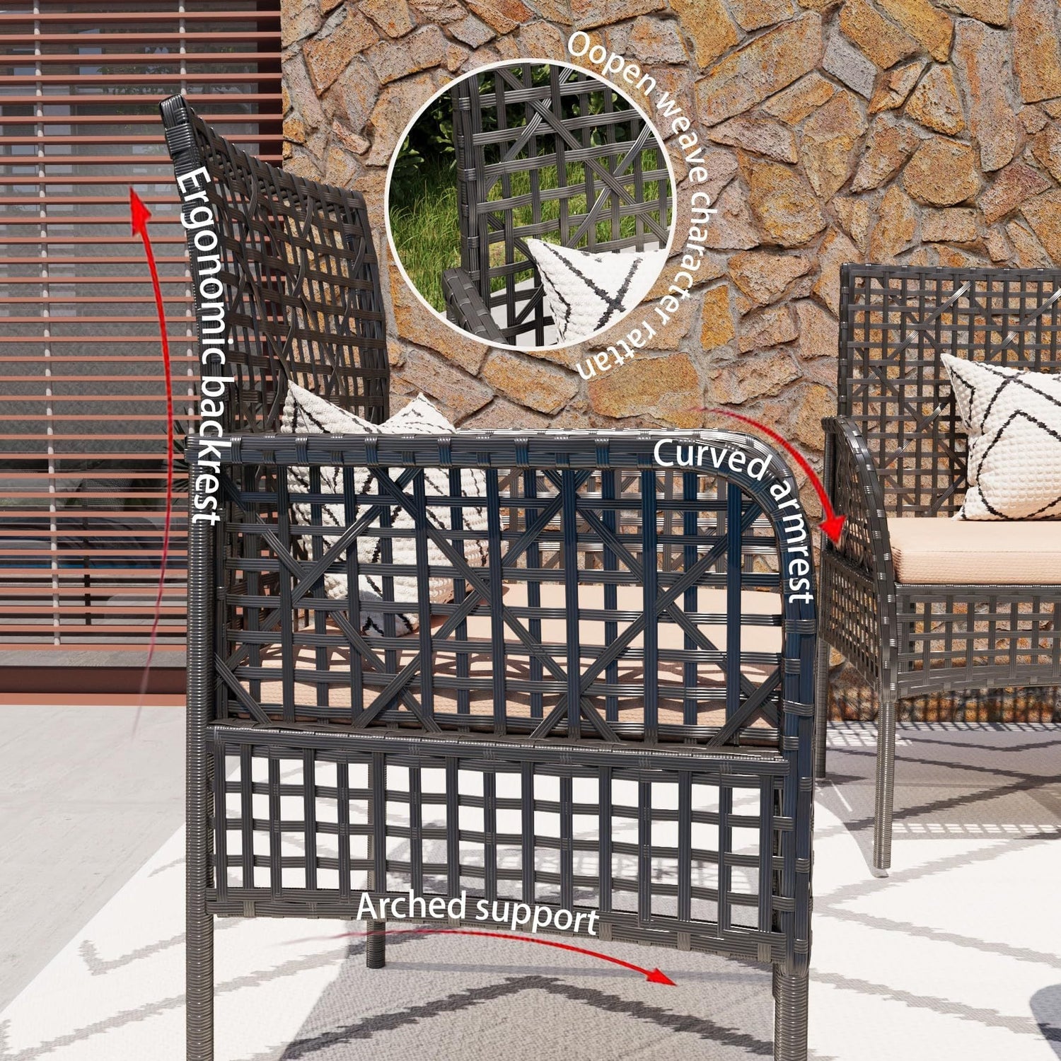 4 Pc Outdoor Rattan Patio Set - Grey with Apricot Cushions