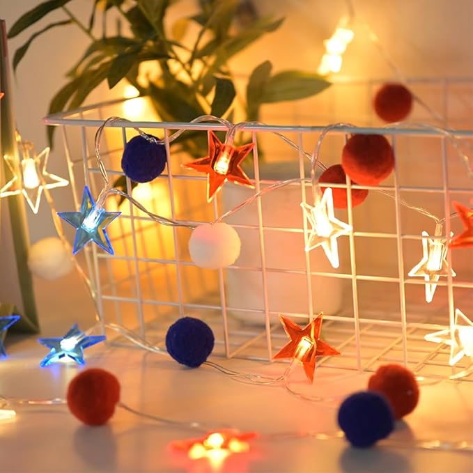 Red White and Blue Star/Pom Lights - Battery Operated