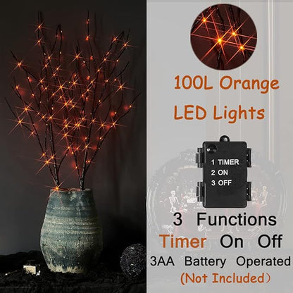 Orange LED Black Twig Branches with Fairy Lights for Halloween - Indoor/Outdoor