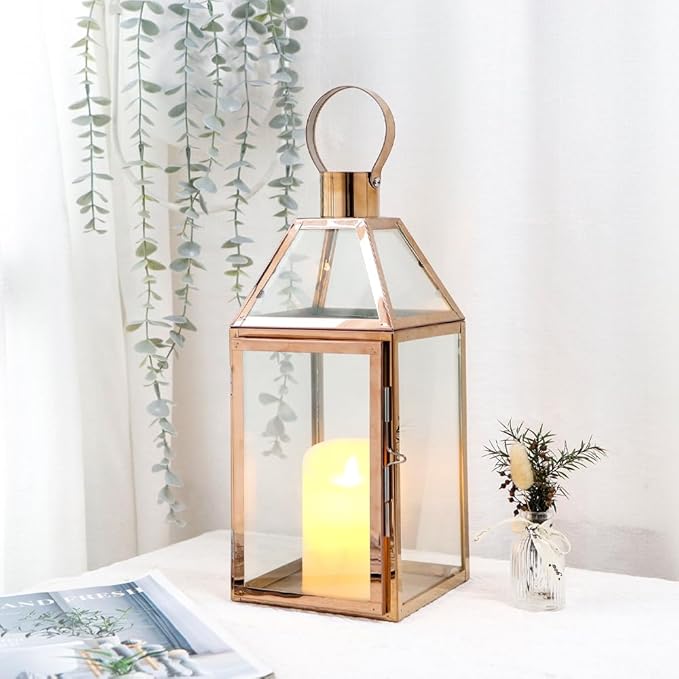 Rose Gold Stainless Steel Candle Lantern with Tempered Glass