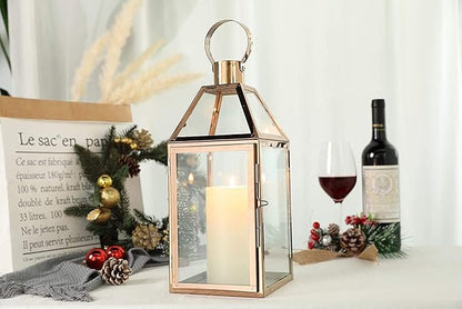 Rose Gold Stainless Steel Candle Lantern with Tempered Glass