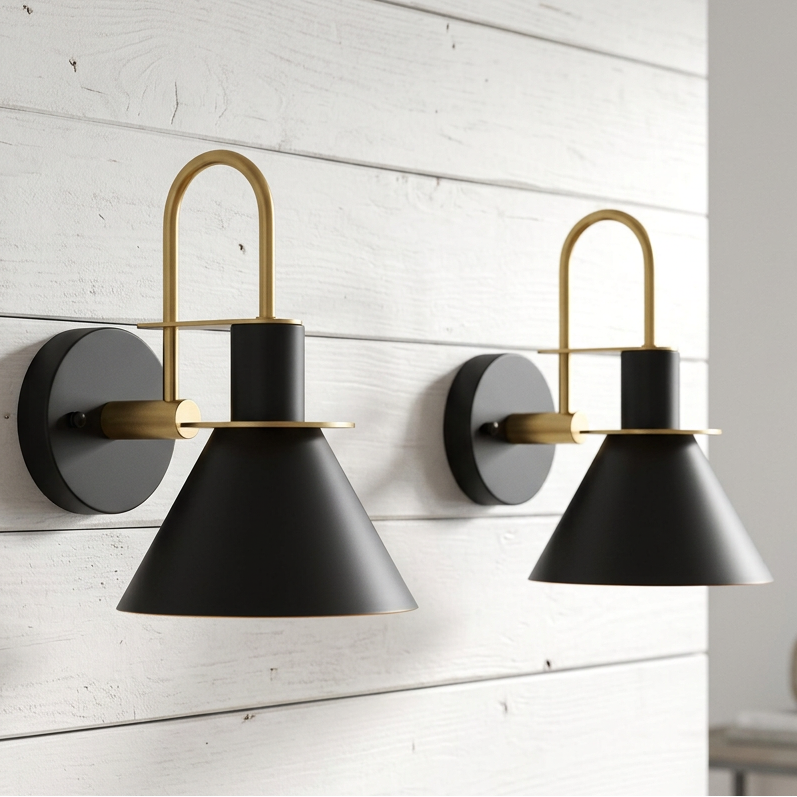 Set of 2 Modern Gooseneck Sconces - Black/Gold
