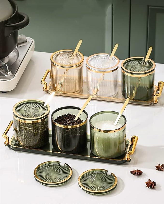 Acrylic Condiment Spice Jars with Lids, Spoons, Tray - Clear
