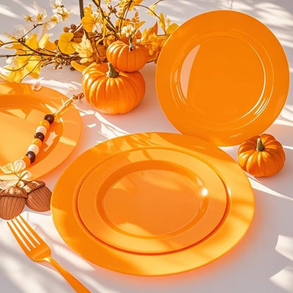 Set of 60 Heavy Duty Orange Plastic Plates Disposable for Halloween &amp; Thanksgiving Parties - Serves 30 Guests