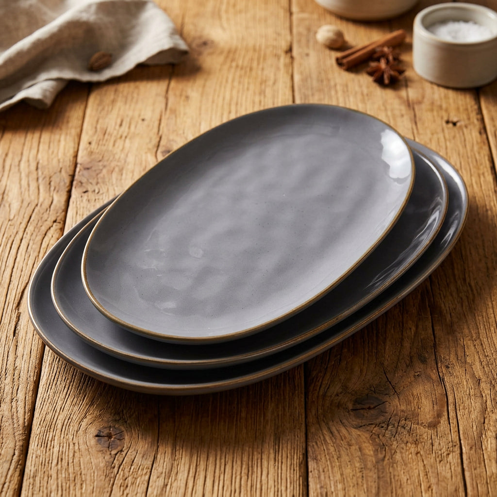 Set of 3 Fine Stonware Oval Serving Trays - Gray