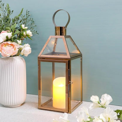 Rose Gold Stainless Steel Candle Lantern with Tempered Glass