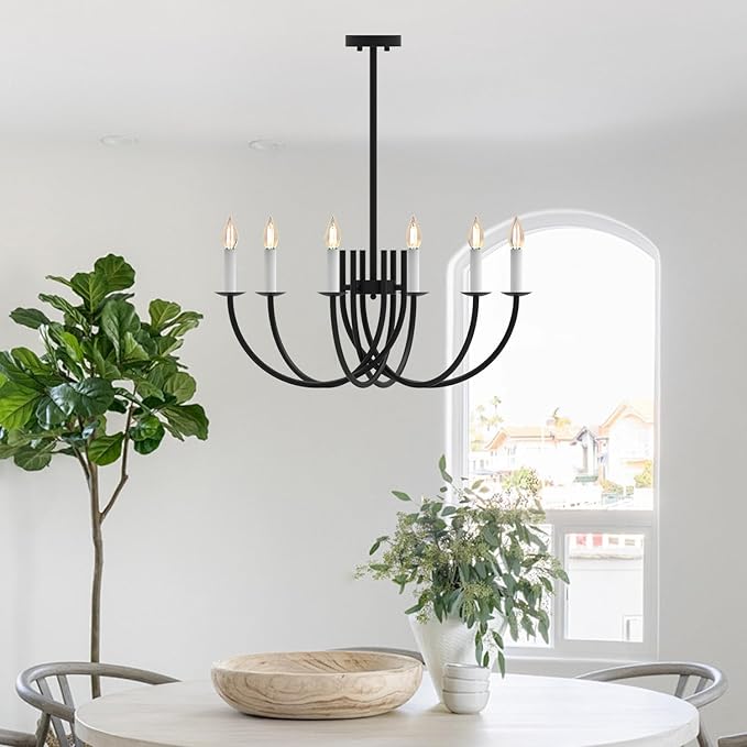 Deep Curved Black Round Candlabra Chandelier - 6 Lights