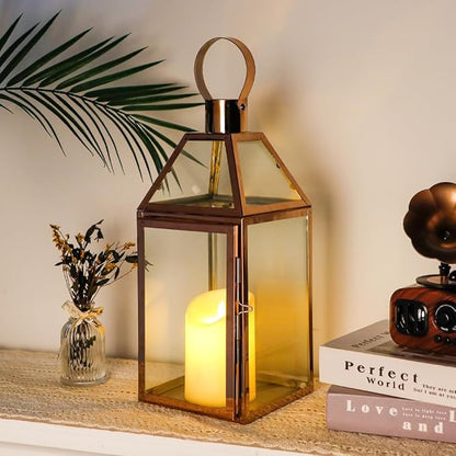 Rose Gold Stainless Steel Candle Lantern with Tempered Glass