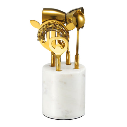 Gold &amp; Marble Cocktail Bar Tool Set - 5 Piece