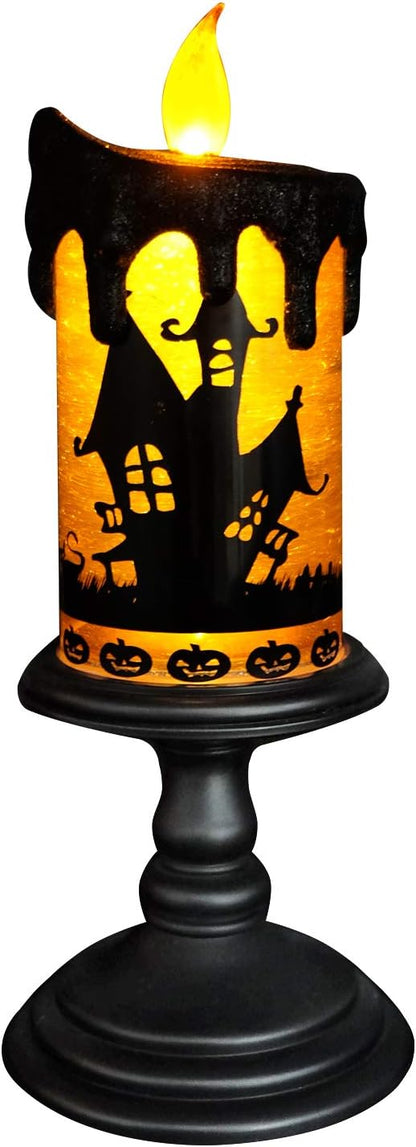 Battery Operated Spooky Spinning Flameless Candle - Black/Orange