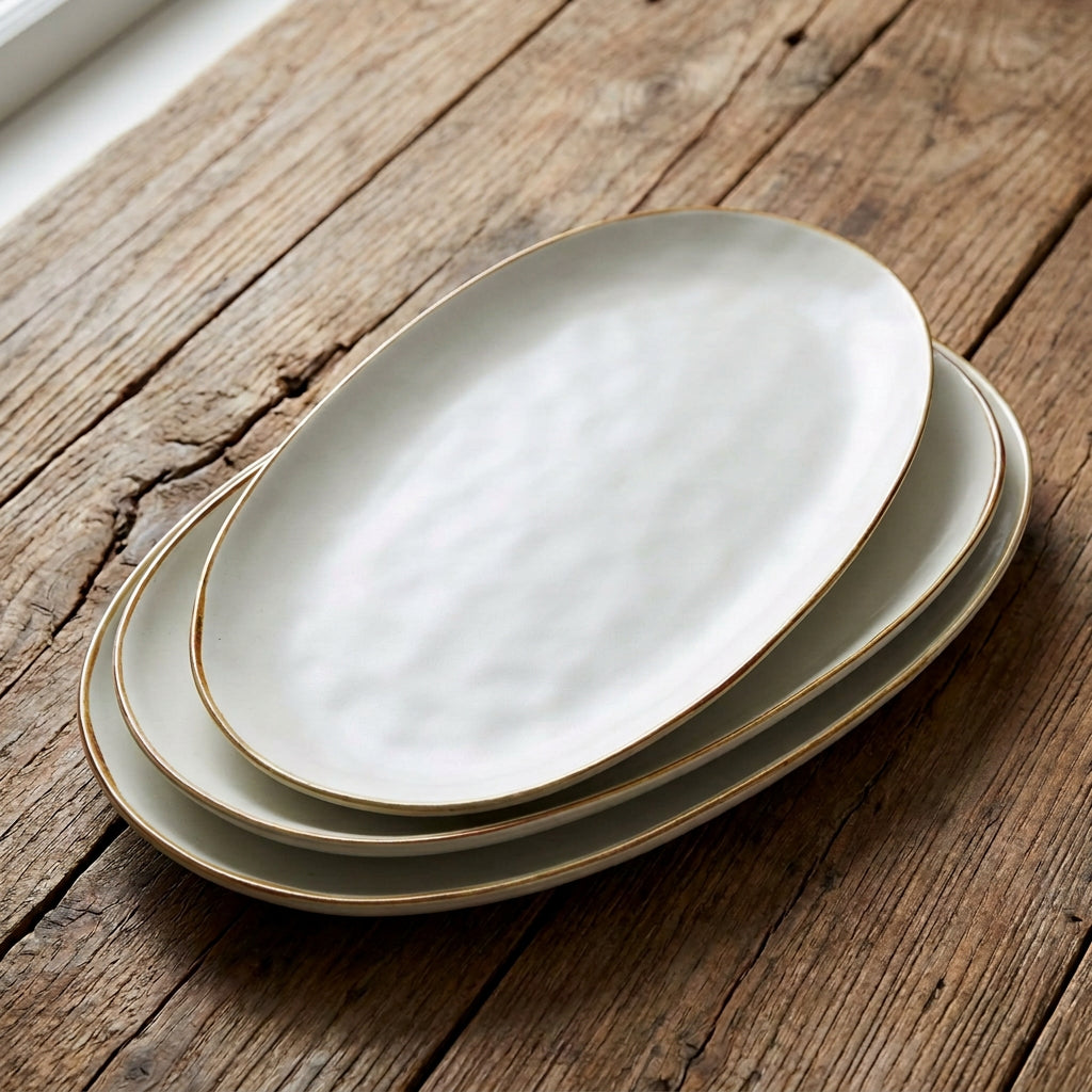 Set of 3 Fine Ceramic Oval Serving Platters - Vanilla