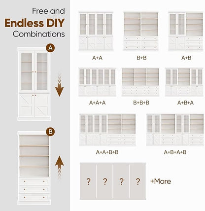 Tall Farmhouse Bookshelves with Drawers, Set of 3 – White