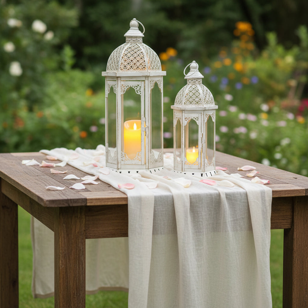 Set of 2 Vintage Metal Candle Lanterns - Antique White