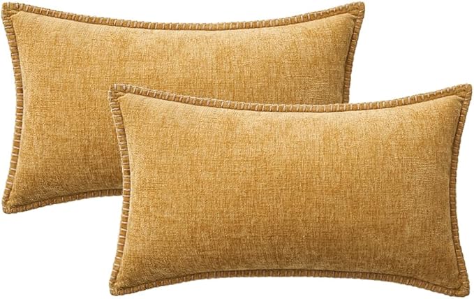 Set of 2 Stitched Edge Soft Chenille Pillow Covers - 12 x 20 inch,  Gold