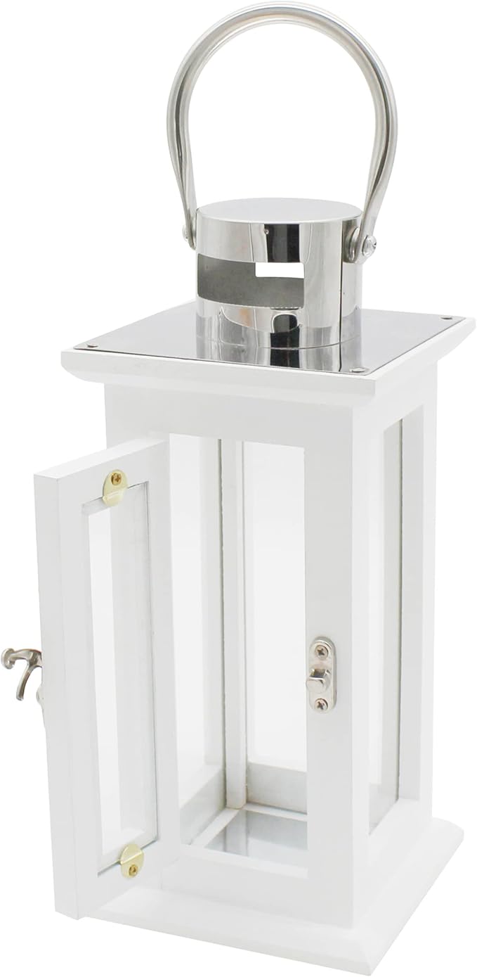 Set of 2 Wood Hurricane Candle Lanterns in White