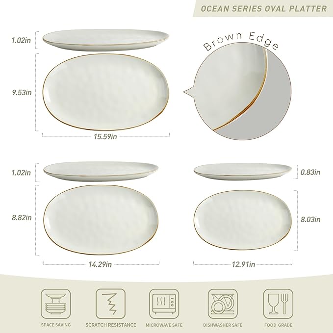 Set of 3 Fine Ceramic Oval Serving Platters - Vanilla