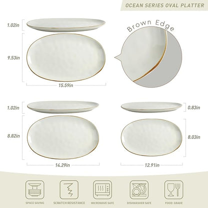 Set of 3 Fine Ceramic Oval Serving Platters - Vanilla