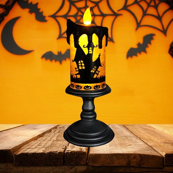 Battery Operated Spooky Spinning Flameless Candle - Black/Orange