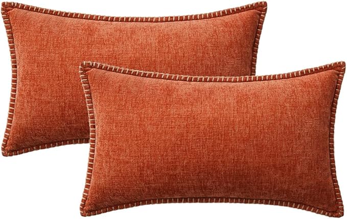 2 Pc Stitched Edge Soft Chenille Pillow Covers - 12 x 20 inch, Burnt Orange