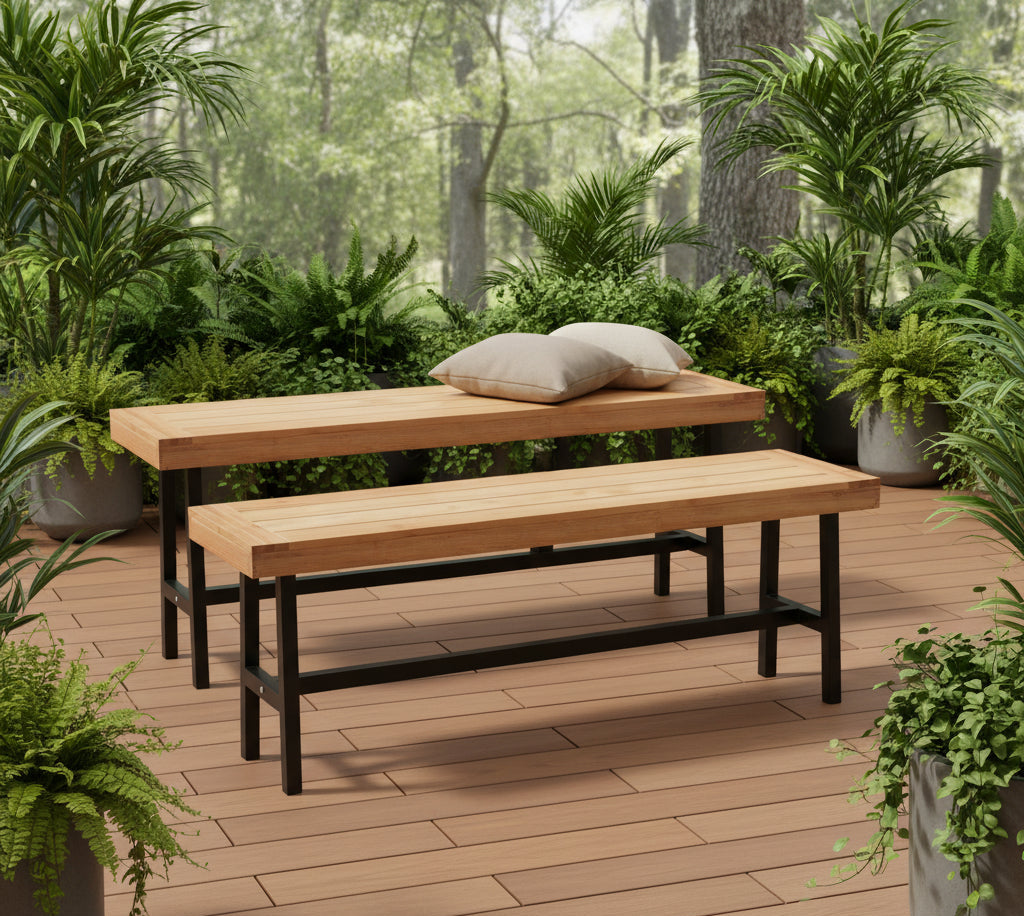 Set of 2 Indoor/Outdoor Benches - Natural Firwood with Black Metal Base
