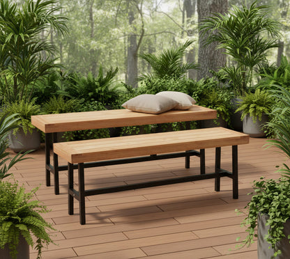 Set of 2 Indoor/Outdoor Benches - Natural Firwood with Black Metal Base