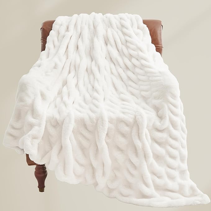 Soft and Cozy Ruched Faux Rabbit Fur Blanket - Cream, 50 x 60 inch