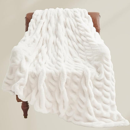 Soft and Cozy Ruched Faux Rabbit Fur Blanket - Cream, 50 x 60 inch