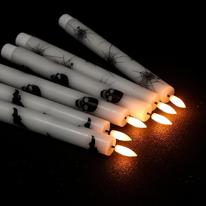 Set of 6 LED Flickering Halloween Taper Candles - Battery Operated, Real Wax with Spider Webs/Skull/Bats