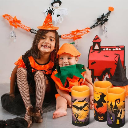 Set of 3 Flameless Flickering Halloween Candles - Battery Operated with Timer, Orange