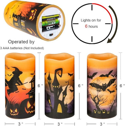 Set of 3 Flameless Flickering Halloween Candles - Battery Operated with Timer, Orange