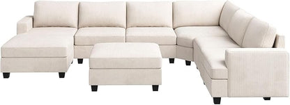 Nolany Sectional Couch with Storage Ottoman in Beige Corduroy