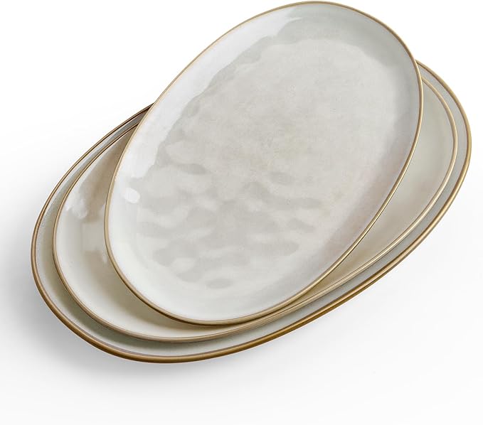 3 Piece Oval Stonware Serving Trays - Cappuccino White