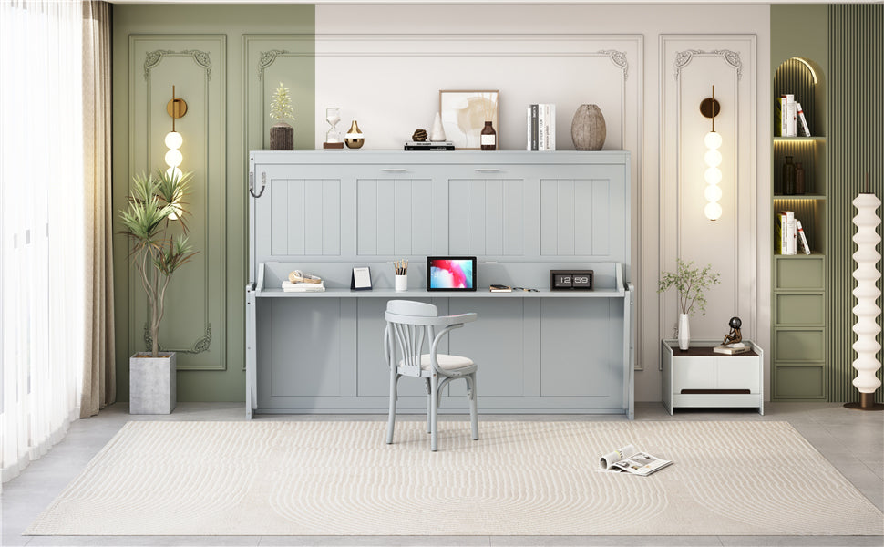 Queen Size Murphy Bed with Hydraulic Lift &amp; Desk Design - Gray