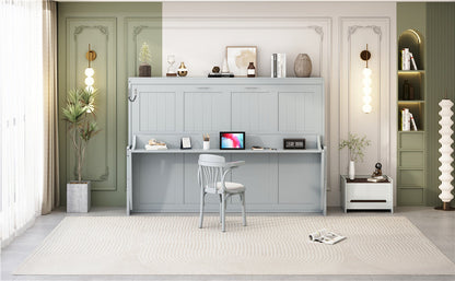 Queen Size Murphy Bed with Hydraulic Lift &amp; Desk Design - Gray