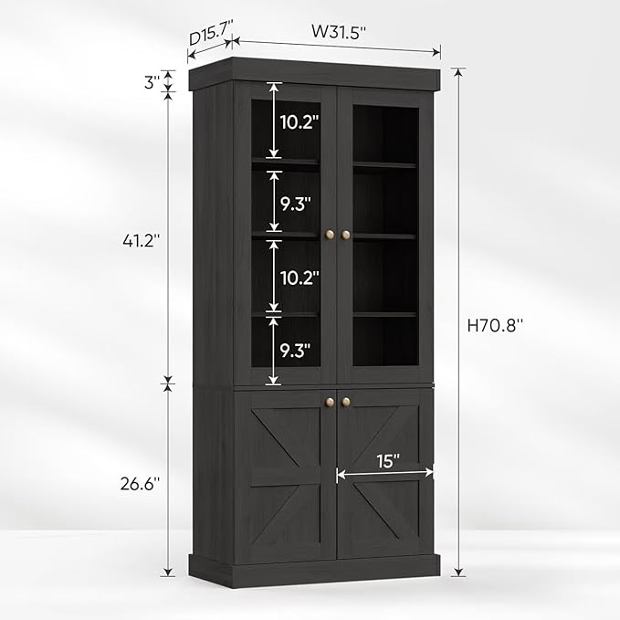 Tall Farmhouse Bookcase with Glass Doors, Set of 4 – Black