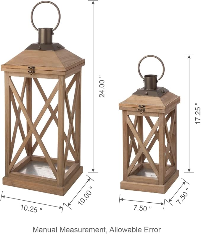 Set of 2 Modern Farmhouse Wood and Metal Lanterns - Natural (No Glass)