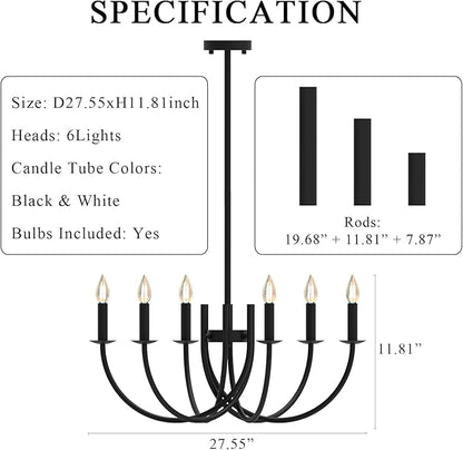 Deep Curved Black Round Candlabra Chandelier - 6 Lights