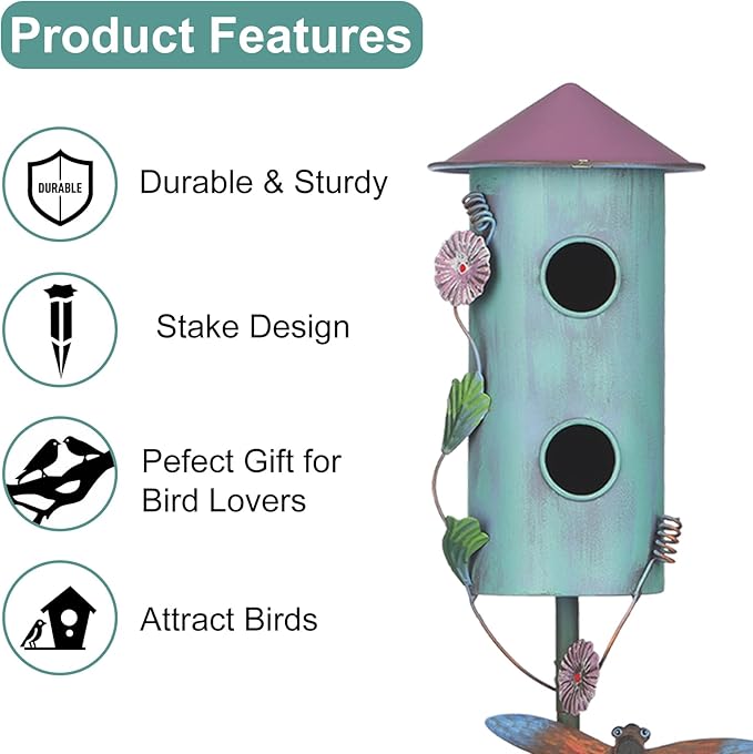 BAYN 57” Metal Wild Bird Feeder Double-Hole Birdhouse Stake