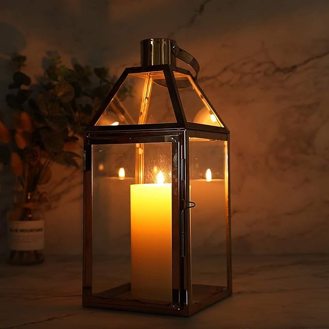 Rose Gold Stainless Steel Candle Lantern with Tempered Glass