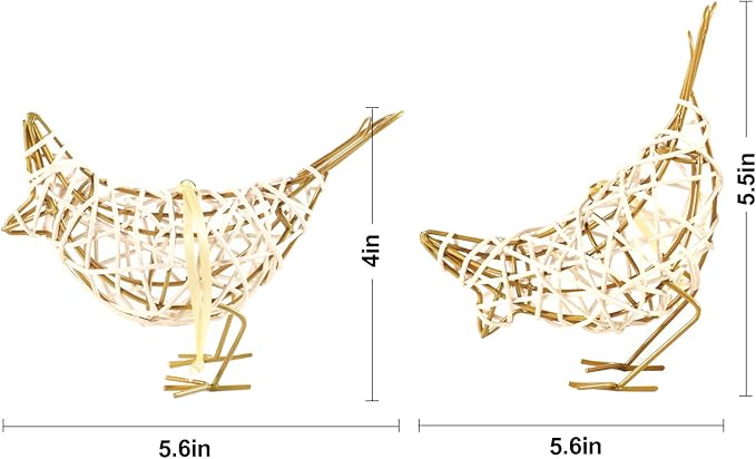 Woven Bird Duo - Metal &amp; Rattan Tabletop Sculptures/Card Holders/Hanging Ornaments - Set of 2