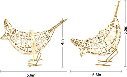 Woven Bird Duo - Metal &amp; Rattan Tabletop Sculptures/Card Holders/Hanging Ornaments - Set of 2