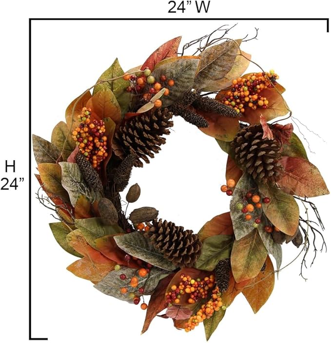 24 Inch Fall Magnolia Leaf Vine/Berry Wreath