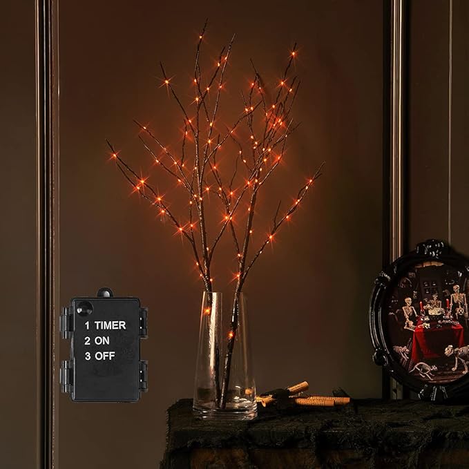 Orange LED Black Twig Branches with Fairy Lights for Halloween - Indoor/Outdoor